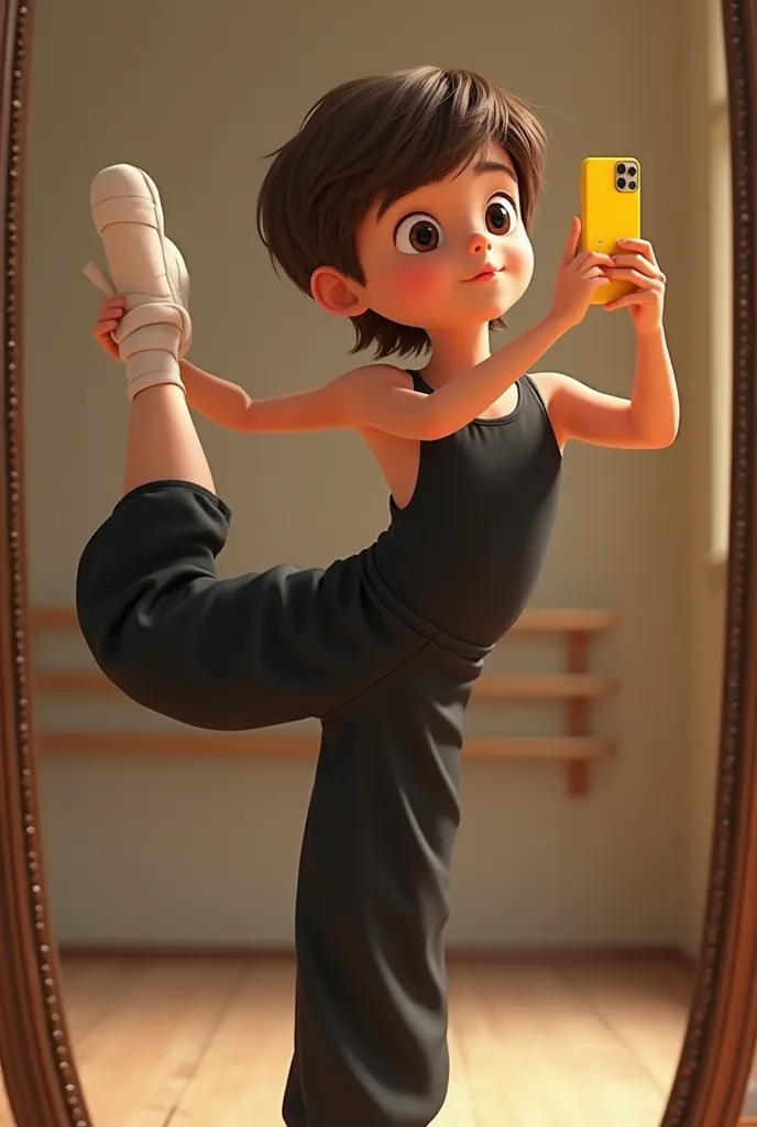 Half-short brown-haired boy wearing an all-black ballet outfit on the top of the tank top and wearing black ballet pants, taking a picture in a mirror with a yellow cell phone, With the right leg topping up with the black right leg still half bent Pixar st...