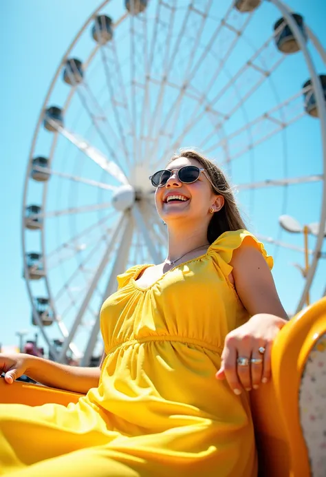 Gabbie wesring round glssses snd yellow summer dress. In a frerris wheel.