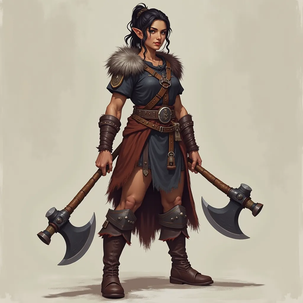 Create a female character showing her full body, From a half-halfling role-playing game featuring the Barbarian class, she is a very strong character who measures 1 meter, Your skin is clean , Half red and her ears are pointed, dark hair tied up, dark clot...