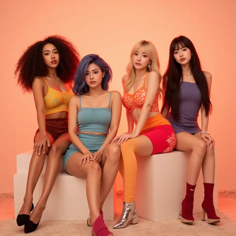 A K-pop girl group that consists of 1 African American black girl, 1 blonde blue eyed korean girl, 1 Filipino girl with curly dark blue hair and one Chinese girl with long black hair and bangs, concept photos K-pop music video for a group named SUGARXSPICE...