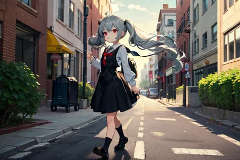 Young girl with grey hair, ((fringed and curly hair)),((curly short twintail)), curly hair ,(red eyes),, ((small bushy eyebrows)), wearing gothic lolita clothing, lolicon , to school, bored eyes, bored face , walking to school, , showing pussy