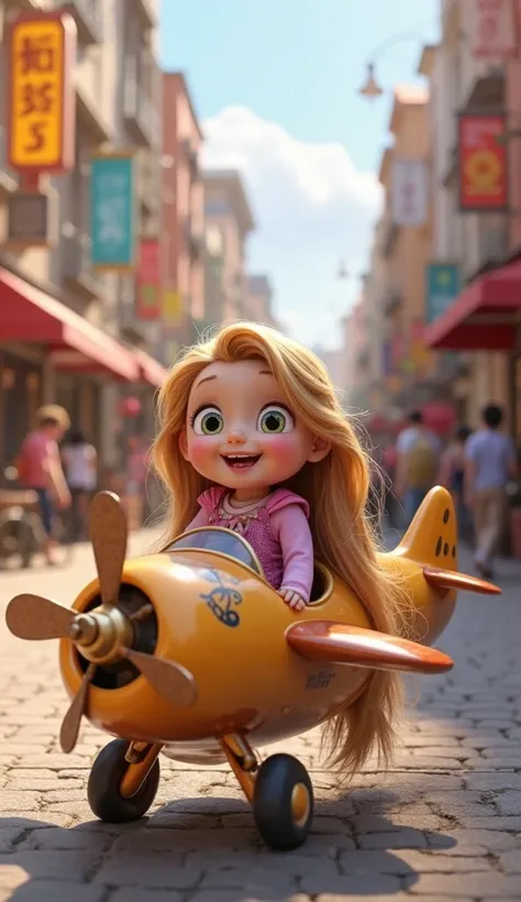 Disney Pixar style character Rapunzel baby riding a stroller in the shape of a small airplane ,Stage on the street