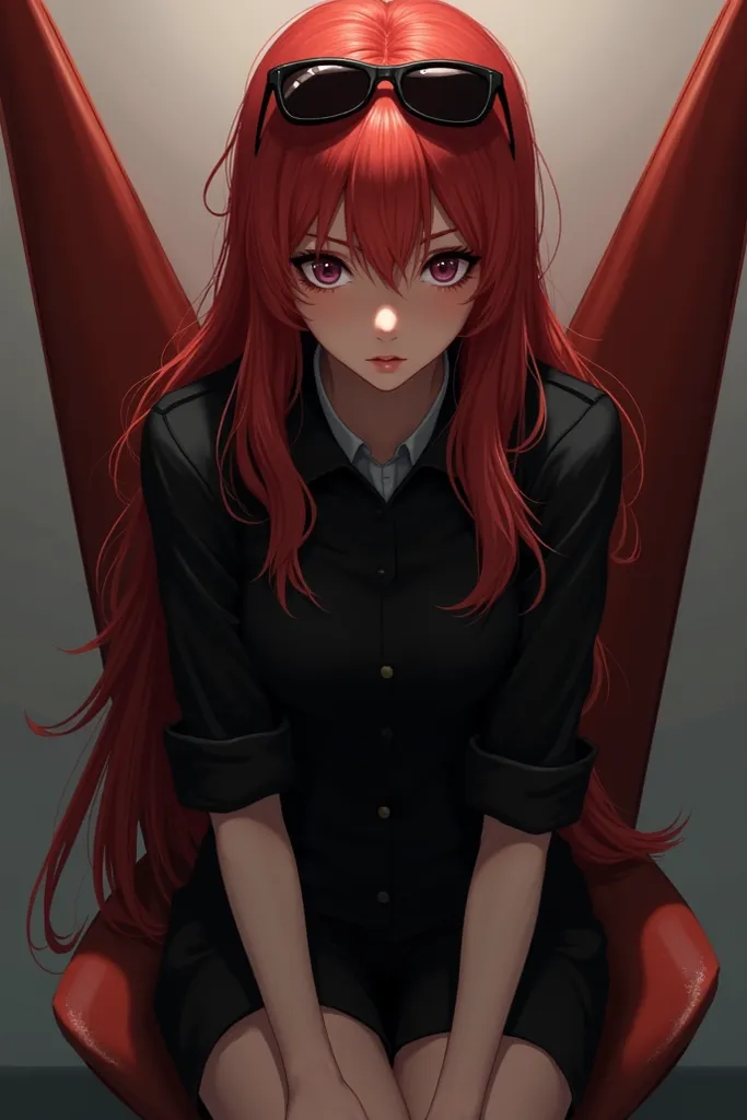 I would like a red-haired girl sitting in a chair with V-shaped legs and wearing dark glasses on her head in a black uniform