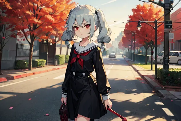 Young girl with grey hair, ((fringed and curly hair)),((curly short twintail)), curly hair ,(red eyes),, ((small bushy eyebrows)), wearing gothic lolita clothing, lolicon , to school, bored eyes, bored face , walking to school, , showing pussy