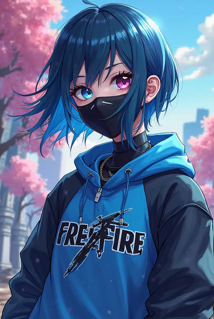 Typical anime character from Free Fire with a blue and black shirt and a blue and black hair mask written GUIZIN'7_ FF in front of him