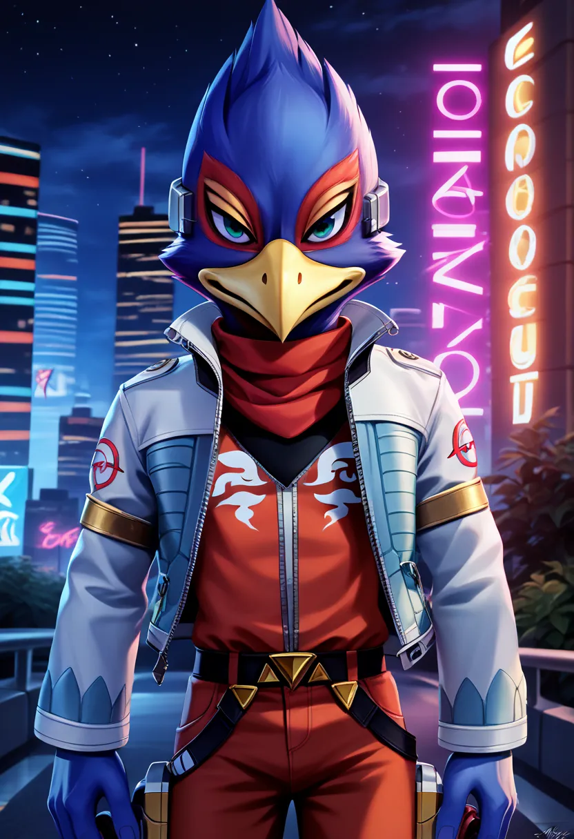 score_9, score_8_up , score_7_up , (Alone), (Highest quality:1.2), (8K BEST IMAGE), (correct anatomy), (((One and only person ))),  8K, official art, (Super Detail), (Falco Lombardi:1.5), Male bird, Very cool, (Future city background at night), (mysterious...