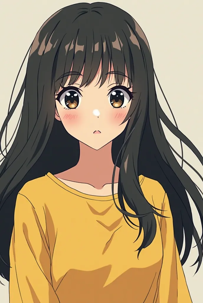 anime girl, long black hair and yellow shirt, An animated drawing inspired by Ray Kamoi,  tumbler , What is it An animated illustration inspired by?, Rumiko,  Katsuragi Misato , Iwakura Line ,  Rei Hino is a princess , Classic Shojo of Sailor Moon ,  Orang...