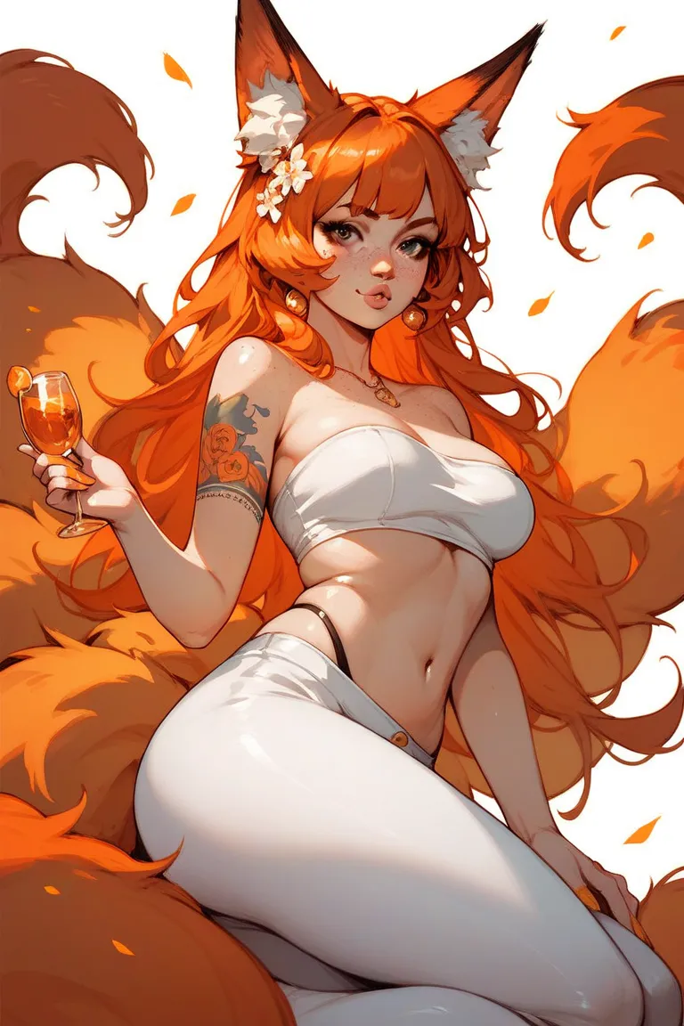   Hot anime fox girl with full round lips and freckles and has D cup sized breasts,  and a thick  ass.. with brown eyes and  long, wavy  orange hair... With ears and  two tails ... And wearing a  white Strapless   top with a  white skirt  and has   tattoos...