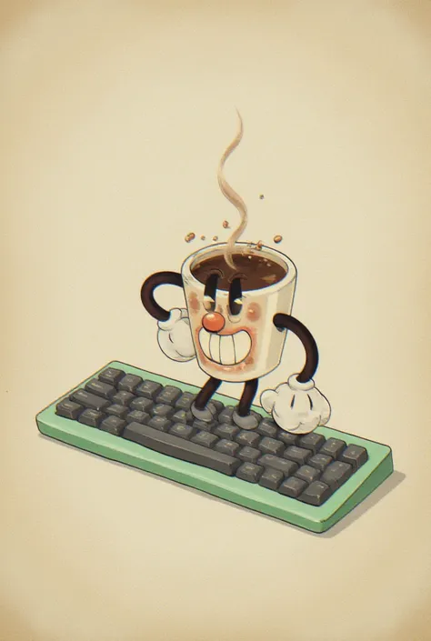 a cup of coffee no legs with a keyboard, in the style of cuphead, minimlastic, one background color,