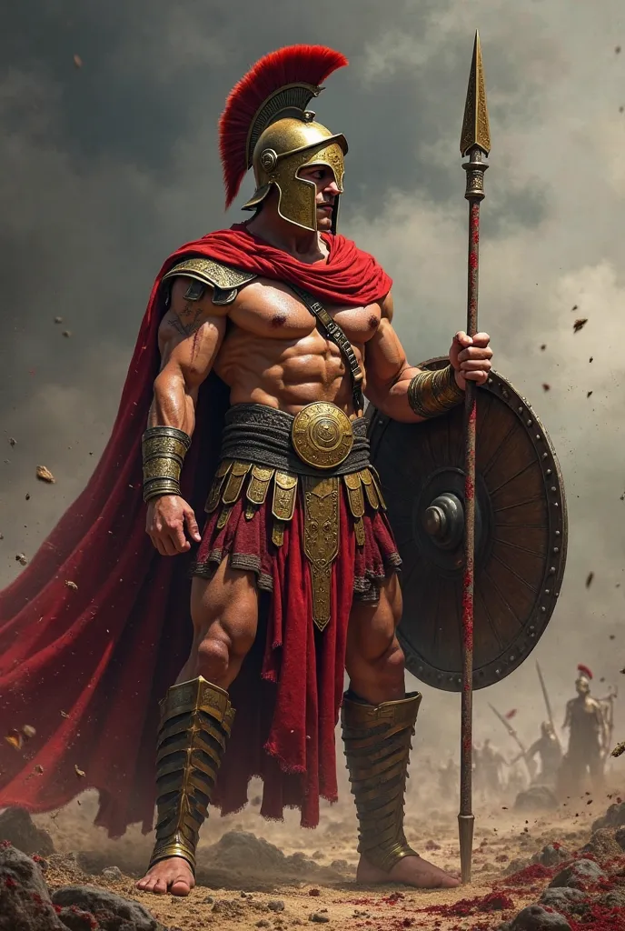 “A muscular Spartan warrior stands on a battlefield, wearing a bronze helmet with a red crest, a flowing red cape, and bronze armor. He holds a shield and a bloodstained spear, with a fierce expression and battle scars. The background features dark clouds ...