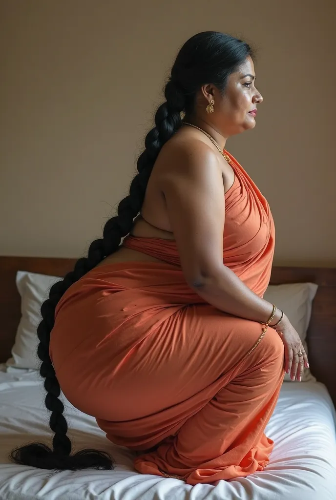 Side view, a tall 50 year old plus size chubby extremely hourglass figured giantess indian Telugu woman, doing squats excercise for Big buttocks, on bed, Big ass visible through saree, she is wearing body tight transparent saree, big ass visible in skin ti...