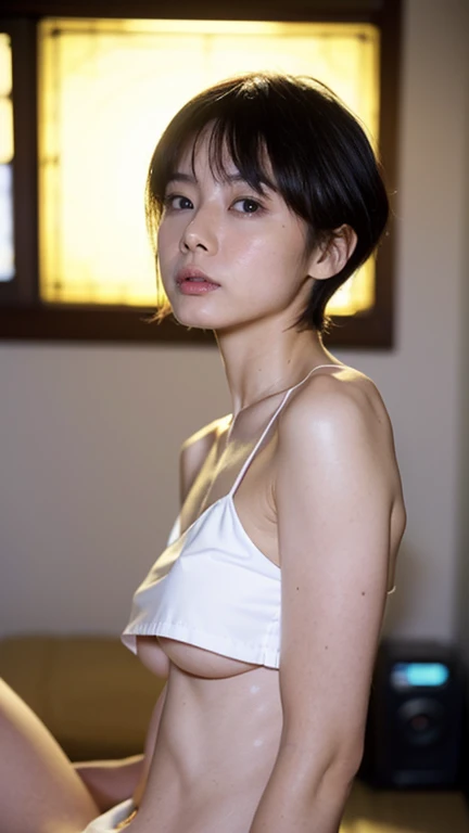 ((Cinema Lighting),(natural light),(High Artistic Quality),( artistic),( Genuineと見分けがつかない ), nsfw, RAW photo,Genuine,Genuine,Hi-Res,RAW photo, masterpiece, beautiful, one girl,  girl with a cute face like a Japanese idol、((Baby Face、boyish、 handsome tomboy...