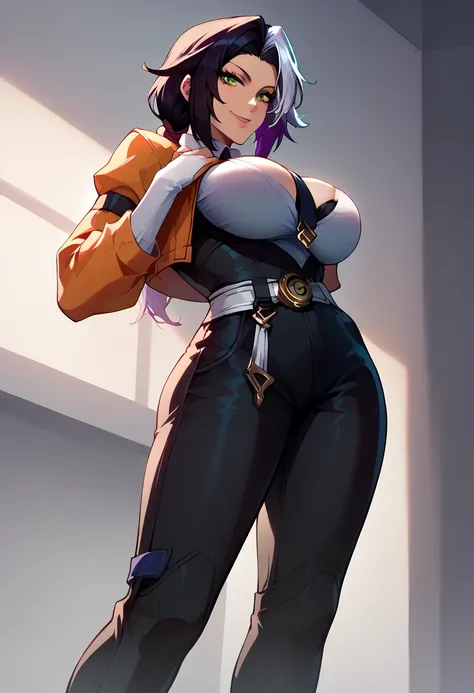 fubuki (one-punch man) black hair, short hair, tight green dress, long sleeves, collared dress, green eyes, perfect large breasts, view from below, sexy pose, dynamic angle Break, perfect lighting, shadows, yoruichi shihouin, long hair, yellow eyes, ponyta...