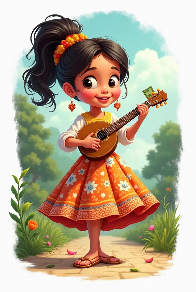 I draw a cartoon of a girl wearing a beautiful and cheerful dress and holding Balalain in her hand and money in the other hand with a garden with a white background