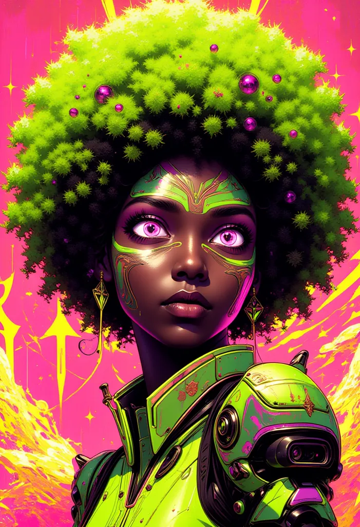 ((best quality)), ((masterpiece)), (detailed), perfect face of cyberpunk mecha black  girl, neon pink eyes, neon green body, neon green afro  hair, ((monochromatic neon pink, yellow, and green color palette)), surreal, art nouveau, in the illustrative styl...