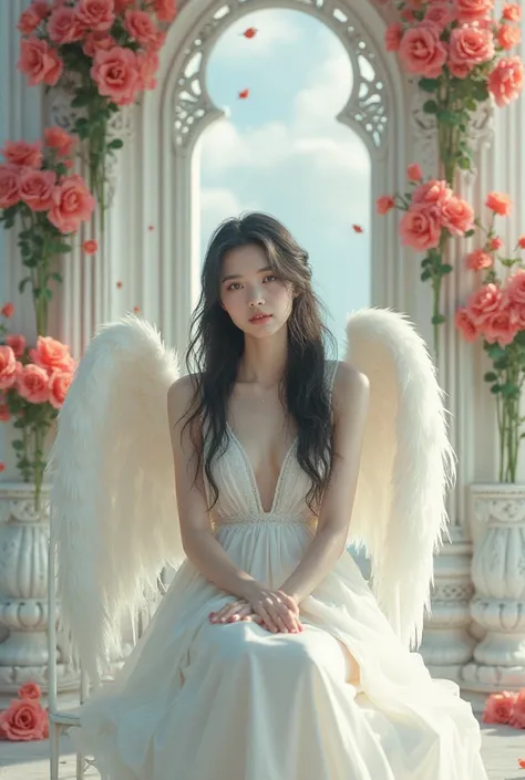 a 20 year old girl, white skin long black hair,  with angel wings, wearing a knee-length white dress sitting on a white iron chair. And behind her a giant chafaris with red rose vases