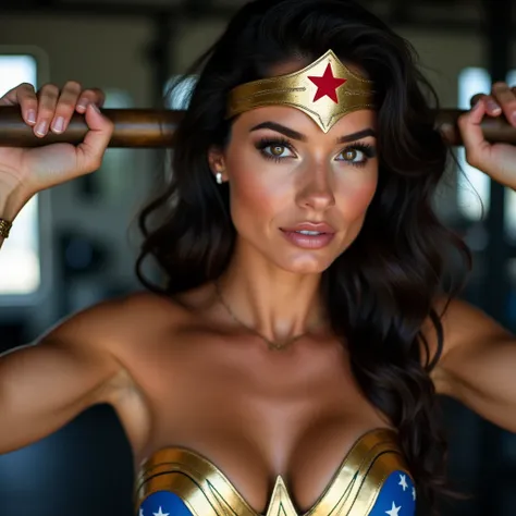 Extreme Closeup of a lesbian Wonder Woman, dark-haired, topless with her golden tiara with a red star and a blue bottom with white stars and a golden belt, the face of a 25 year old supermodel, with  a female fitness model physique with bulging biceps and ...