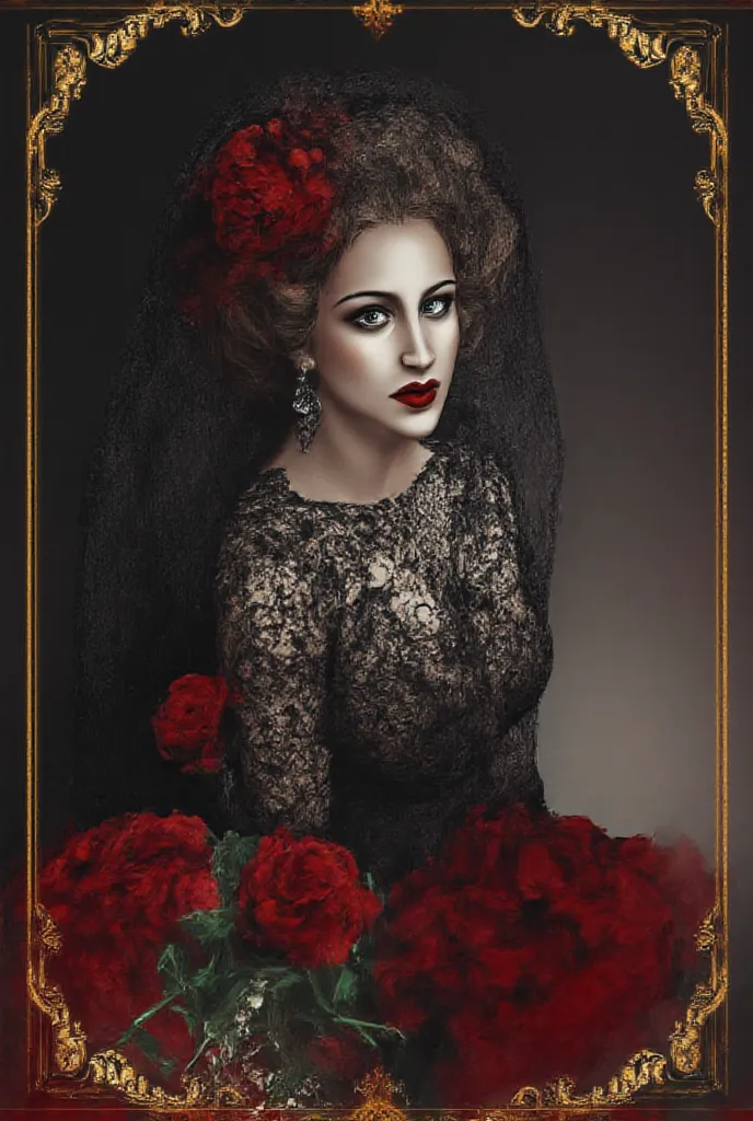 Gothic art showcasing a beautiful woman with alabaster skin, piercing black eyes, and raven hair draped with delicate black lace veil, against a smoky gradient background transitioning from ash gray to pitch black, clutching a vibrant red rose that echoes ...