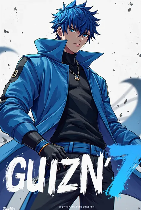 Male anime character type from Free Fire with a blue and black shirt and a blue and black hair mask written GUIZIN'7_ FF in front of him