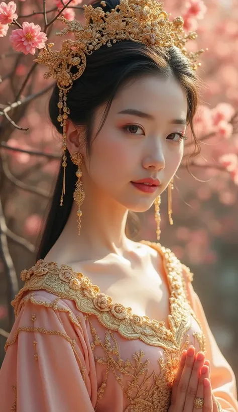 traditional Chinese Beautiful young woman in royal attire, costume with gold accents with delicate peach embroidery. and、she wears an elaborate golden crown with a floral design.   Her expression is gentle and gentle  , with large, emphasizes the details o...