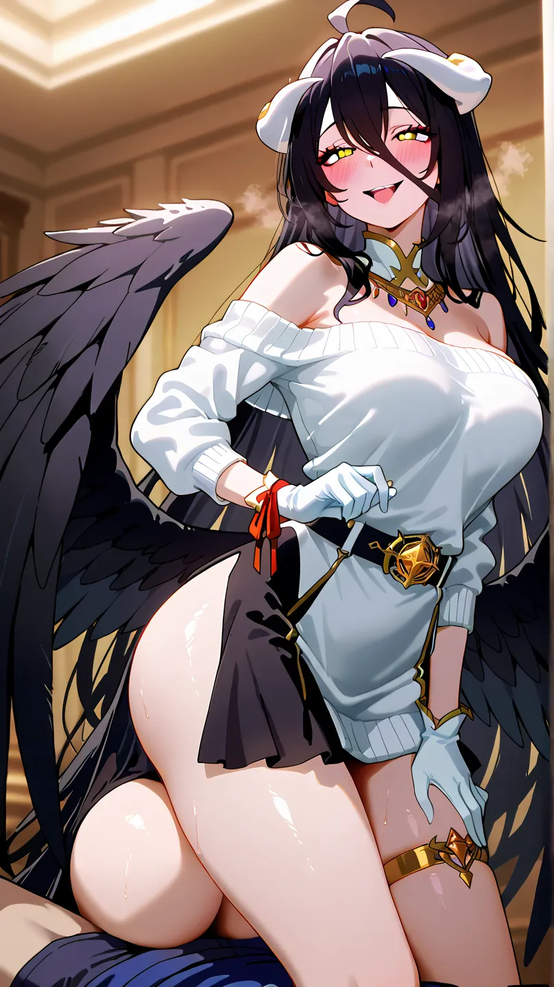 high resolution, Masterpiece,  Precise, look of empowerment, t-shirt, Detail, quality, high quality.
albedo, Ahoge, black hair, horns,  long hair , yellow eyes,
just hips, bare shoulders, black wings, detached collar, elbow gloves, feathered wings, gloves,...