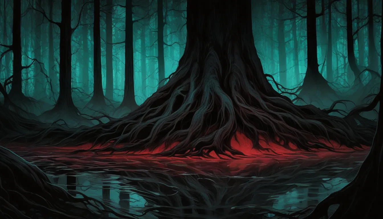 "A close-up image of a tree's roots in a dark, eerie forest at night. The roots are twisted and gnarled, with dark, wet soil surrounding them. From the roots, a deep red liquid resembling blood is visibly dripping onto the ground, pooling around the base o...