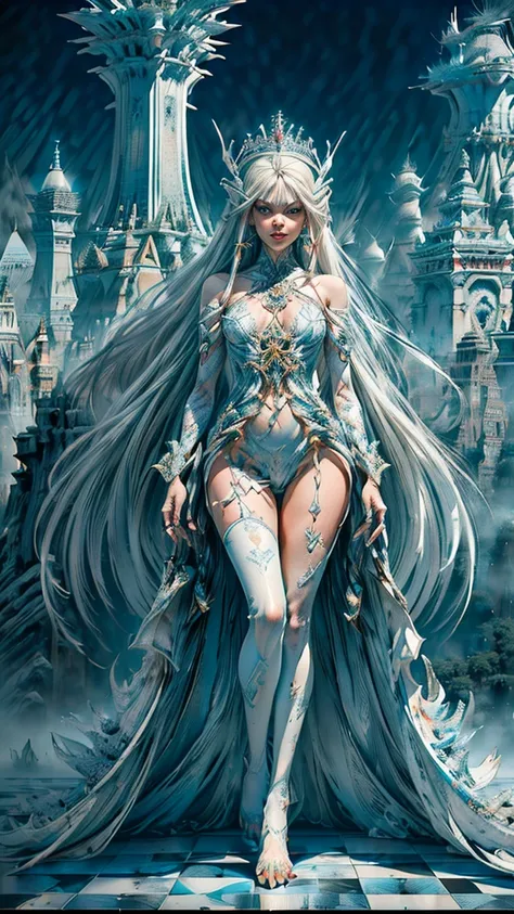 Full body image (((full body view)))(detailed ((gorgeous Insanely detailed off centered portrait of white queen standing on chessboard, avant-garde, intricate, runway fashion, ethereal, extreme detail, 8k, ultra hd, hyper detailed, johan grenier, greg rutk...