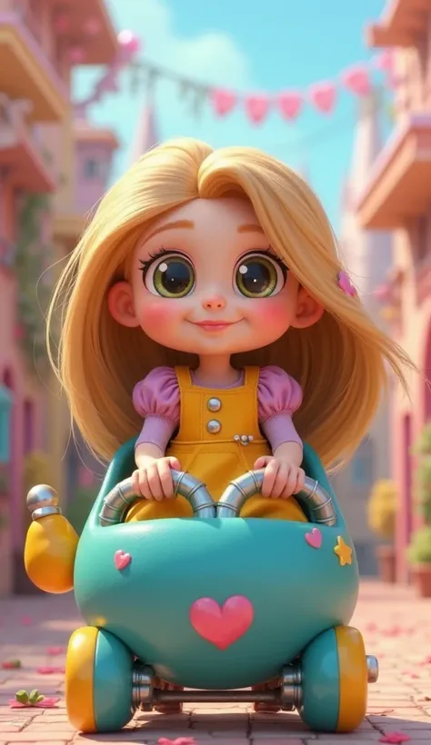 Disney Pixar style character Rapunzel baby with yellow jumpsuit riding a turquoise blue stroller