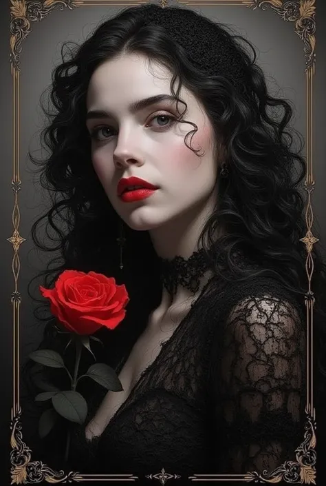 Gothic art showcasing a beautiful woman with alabaster skin, piercing black eyes, and raven hair draped with delicate black lace veil, against a smoky gradient background transitioning from ash gray to pitch black, clutching a vibrant red rose that echoes ...