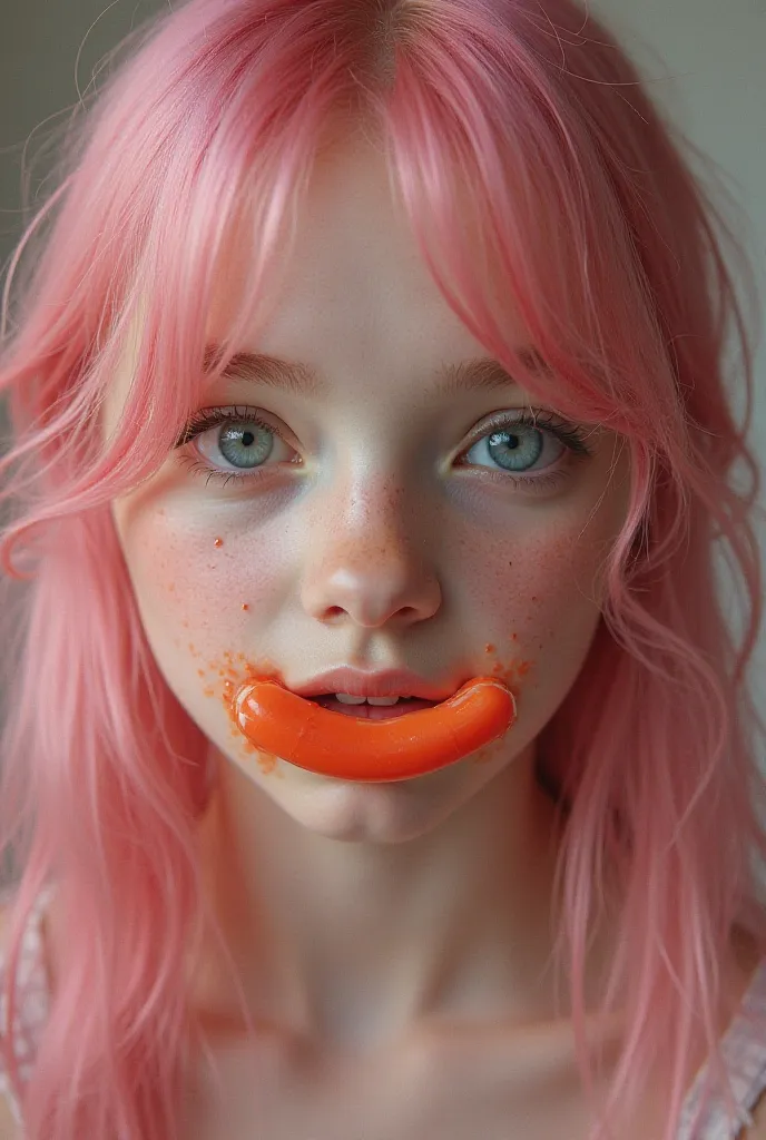 Create an image of an innocent girl with pink hair and eyes full of desire looking straight into the camera enjoying a sausage-shaped candy with her lips with her lips. resolution 8k