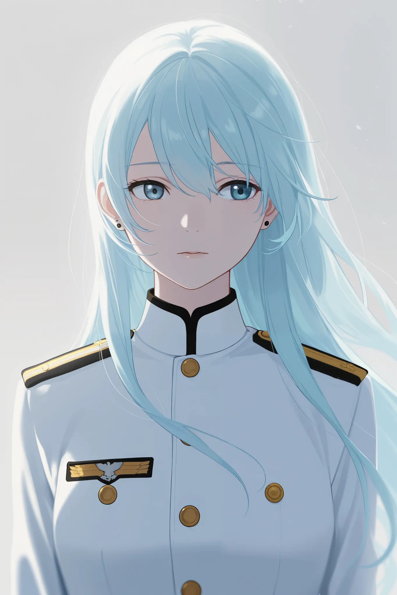 anime screencap, masterpiece, best quality, amazing quality, very aesthetic, newest, 1woman, solo, long hair, light blue hair, white military uniform, tall, highres