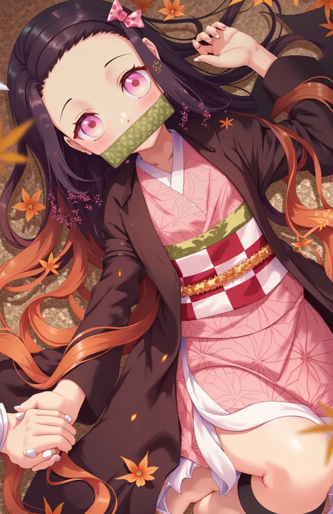 Create Nezuko Kamado from the anime Demons Slayer in a garden with his elf girlfriend,  height 1,60cm, medium tits, brown hair with red highlights and a bow in the hair, pink eyes, pink dress with breast neckline, flower tattoo around the body, Nezuko's gi...