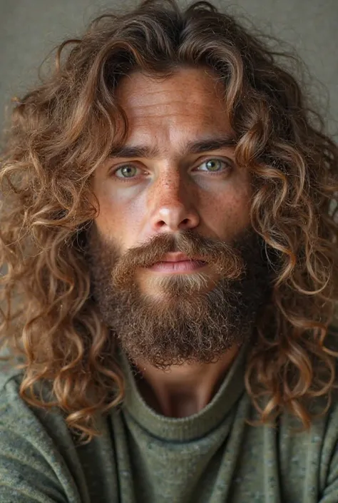 Long-haired boy, light brown and curly, voluminous, Sun-brown skin, with white wires on the side, light brown eyes, Has a thick and frizzy beard, is thin, a nose that is wide and thin at the same time, lips not too thick, Half-thick neck, thin eyebrow, sli...