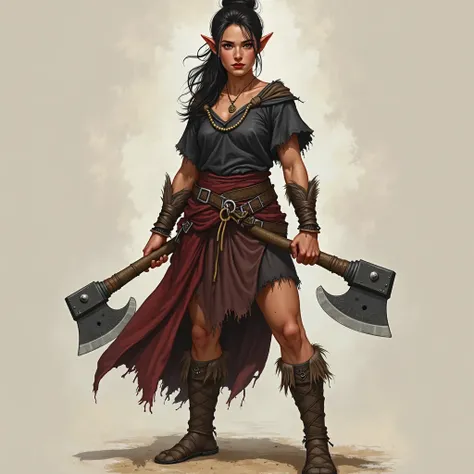 Create a female character showing her full body, From a half-halfling role-playing game featuring the Barbarian class, she is a very strong character who measures 1 meter, Your skin is clean , Half red and her ears are pointed, dark hair tied up, dark clot...