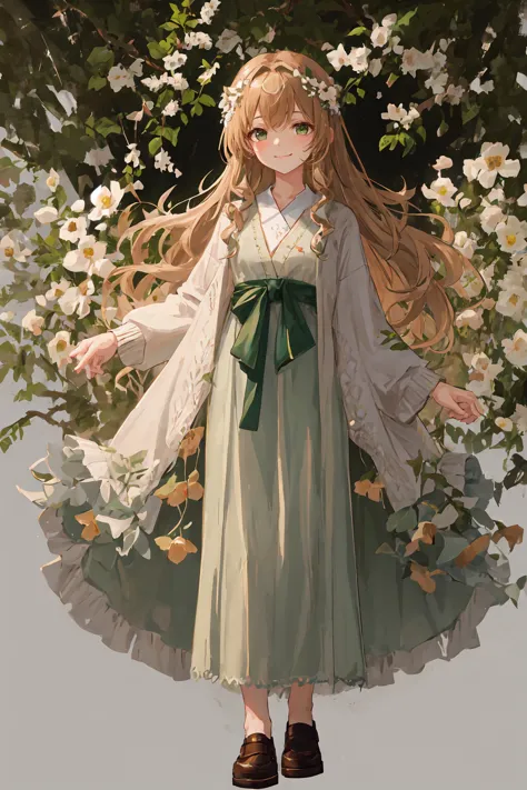 (Masterpiece, top quality, super detailed, high resolution, 4K), Kind-hearted Vtuber with a nature theme. Full Body. Standing. She wears a soft and cozy forest girl outfit in earthy tones. Flowing long-sleeved dress with delicate floral embroidery. She wea...