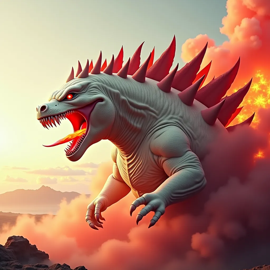 Monstrous white and red Godzilla setting fire through his mouth