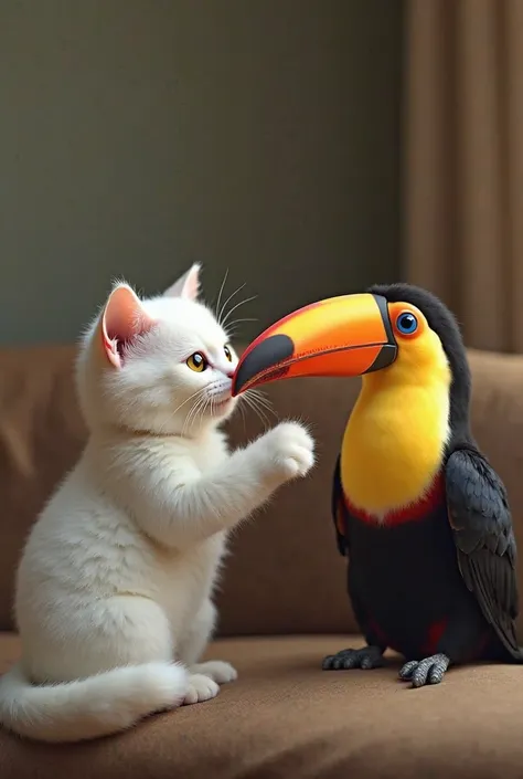 An ultra-realistic image of an adult anthropomorphic cat with white fur giving juice to the toucan's beak . The cat is standing on its hind legs and the toucan is sitting on a couch  . The cat has a warm and gentle expression, in English while the toucan l...