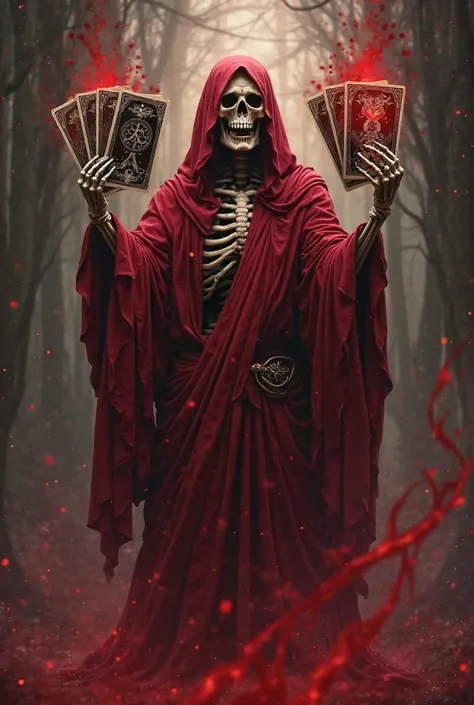 
Death in red robes holding red tarot cards in their hands