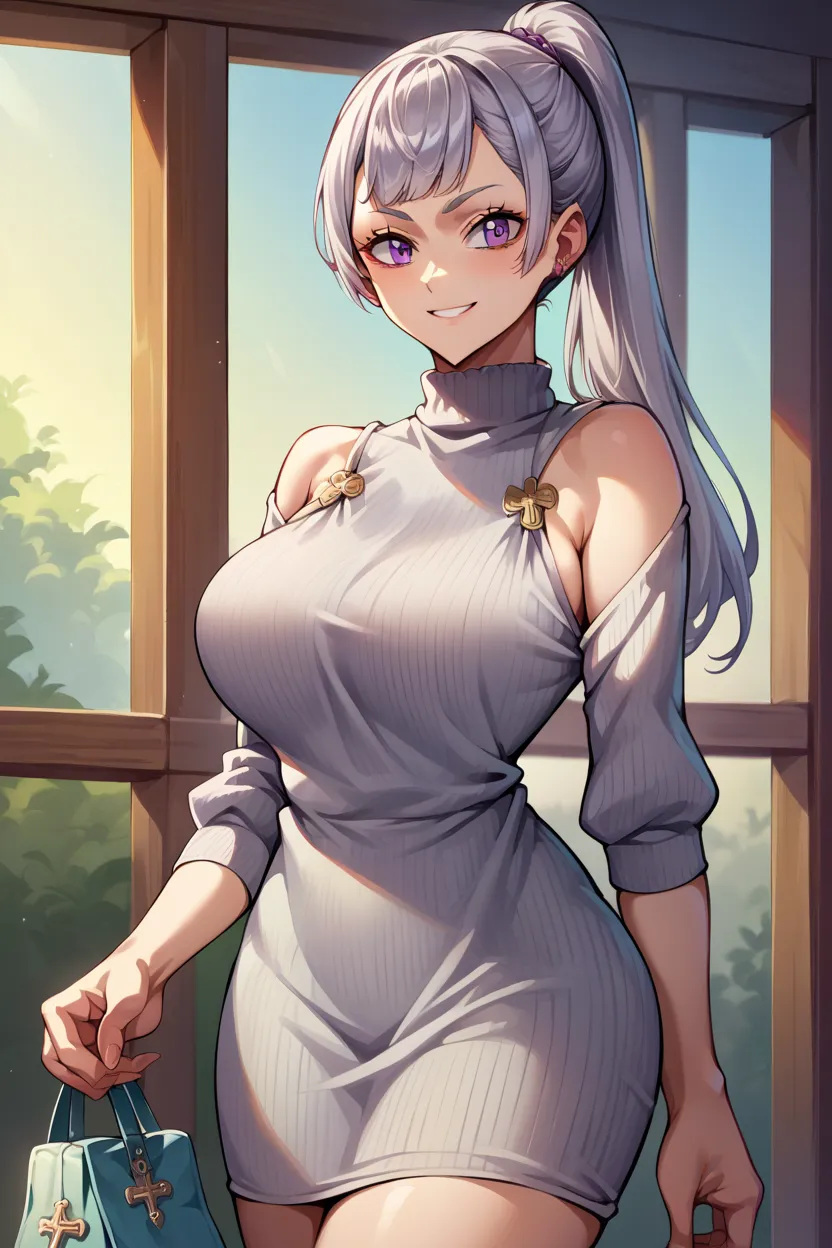 score_9, score_8_arriba, score_7_arriba, score_6_arriba,   source  _anime BREAK 1girl,  noelle silva, gray hair sweater, purple eyes, ponytail,  smile, big breasts, look of empowerment, face, Standing, gray dress , heels, Home 