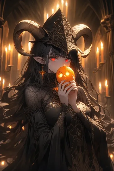 A gothic sorceress with glowing red eyes, wearing an intricate black and gold dress adorned with ornate embroidery. She has long, flowing black hair and a golden plague doctor mask covering her face. Her hat is a dark, elegantly decorated witch's hat with ...