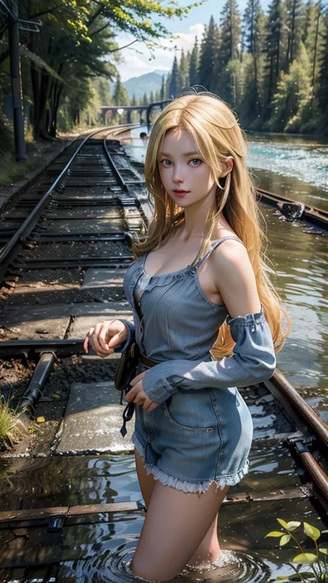 (photo realistic), highly detailed, Award-winning photography, Sharp focus,
A beautiful Scandinavian woman,
extraordinarily beautiful face, blonde, 

woman standing on abandoned railway tracks,
railroad tracks running straight from the land into the lake,
...