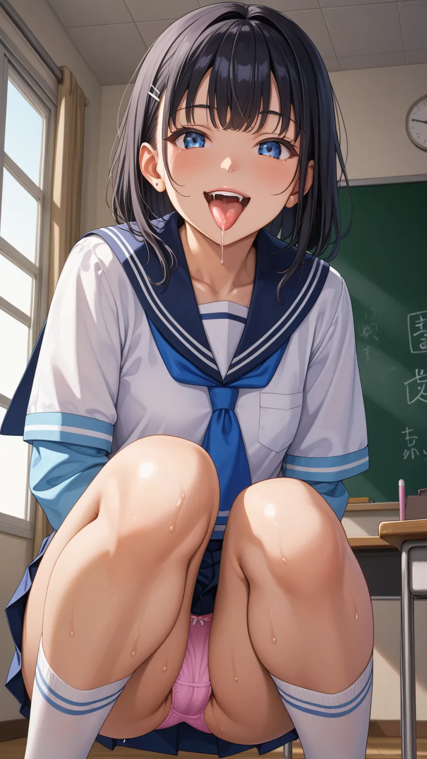  best image quality、anatomically accurate、front view、low angle of finger、Sailor uniform(White)、Sailor uniformのミニスカート( black)、Whiteのレースのブラジャー、Whiteのパンティ、panties are wet with love liquid、is crouching and opening her legs to show off her panties、There is accu...