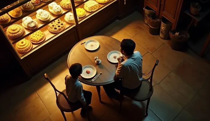 A top-down shot capturing a small wooden table positioned near the glowing glass display case of the sweet shop. The table sits at the center of the frame, surrounded by the soft shadows cast by the pastry-filled vitrine in the background. A warm beam of l...