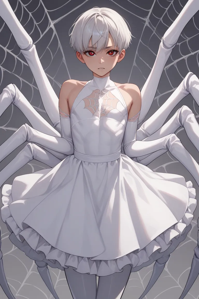 white short haired androgynous boy,spider body,arachne body,white spider body,big spider abdomen,intricate fantasy character,detailed facial features,expressive pose,supernatural powers