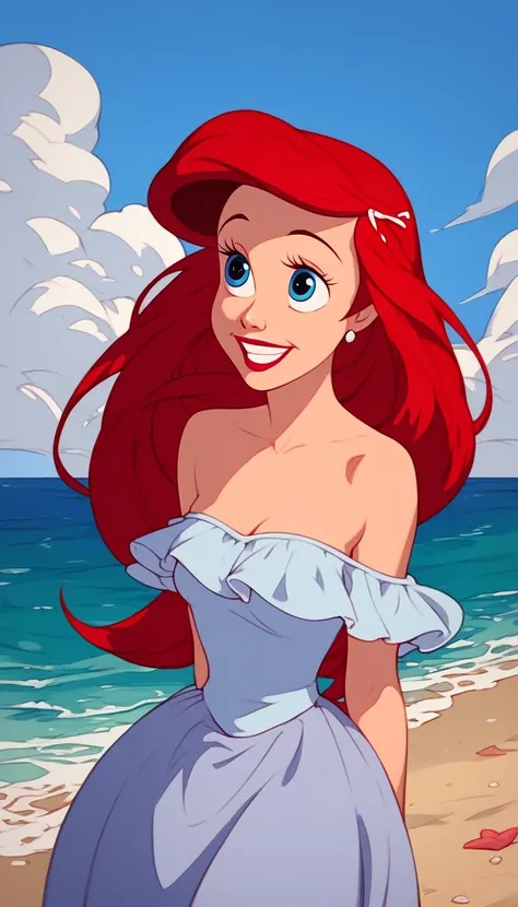 Ariel, long red hair, blue eyes, eyes opened, smile, looking at the viewers, bare shoulders, strapless, a short white ruffle off the shoulder dress, standing, arms at side, mouth closed, beach background, outdoors, 1girl, solo, blue skies, ocean,
