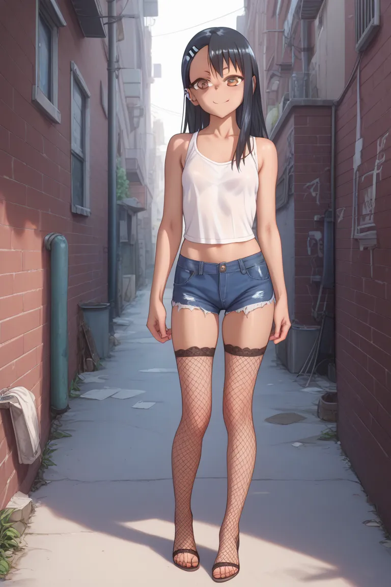 Hayase Nagatoro,lolicon, denim shorts, net stockings ,short sleeveless low-cut blouse , of foot ,in an alley,facing a brick wall