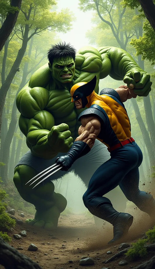 hulk punching wolverine in the chest, in the background a forest