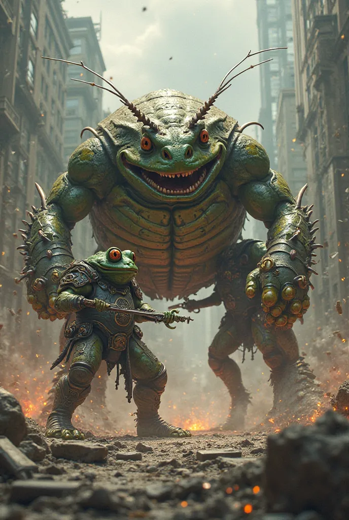 A HUMANOID FROG FIGHTING A GIANT COCKROACH