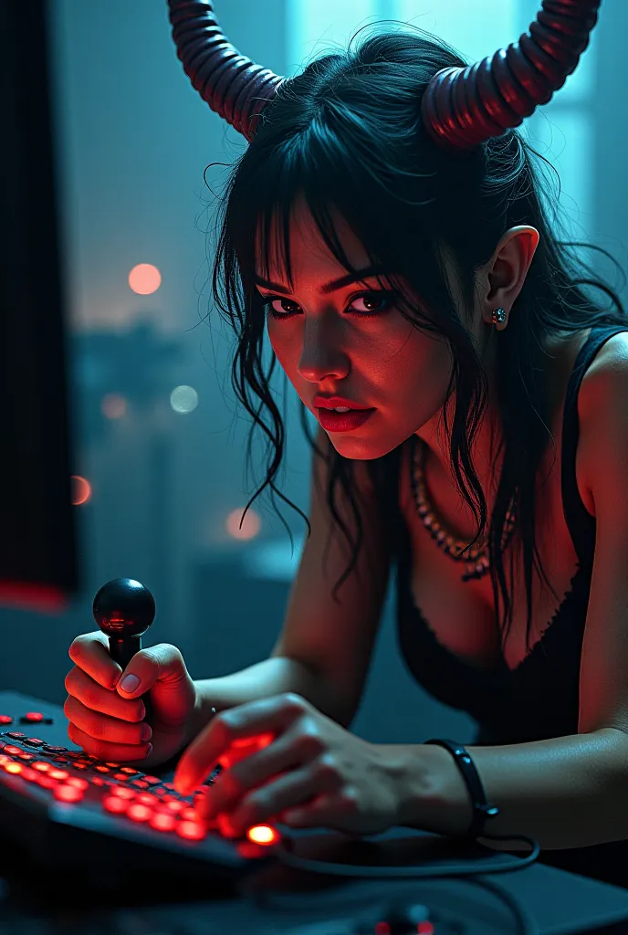 Gamer with joystick with a sexy demon woman 