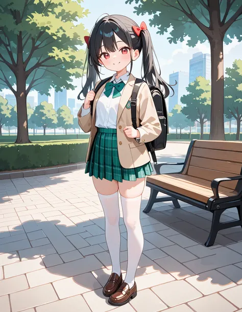 masterpiece, best quality, highly detailed, ultra high res, 1girl, smile, happy, black hair, red eyes, twintail, hair bow, wearing white collared shirt, light brown blazer, opened jacket, green bowtie, plaid skirt, green plaid skirt, wearing white thighhig...